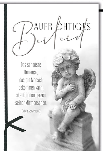 Trauerkarte Engel – Steinengel mit Albert Schweitzer Zitat in Schwarz - Weiß Design