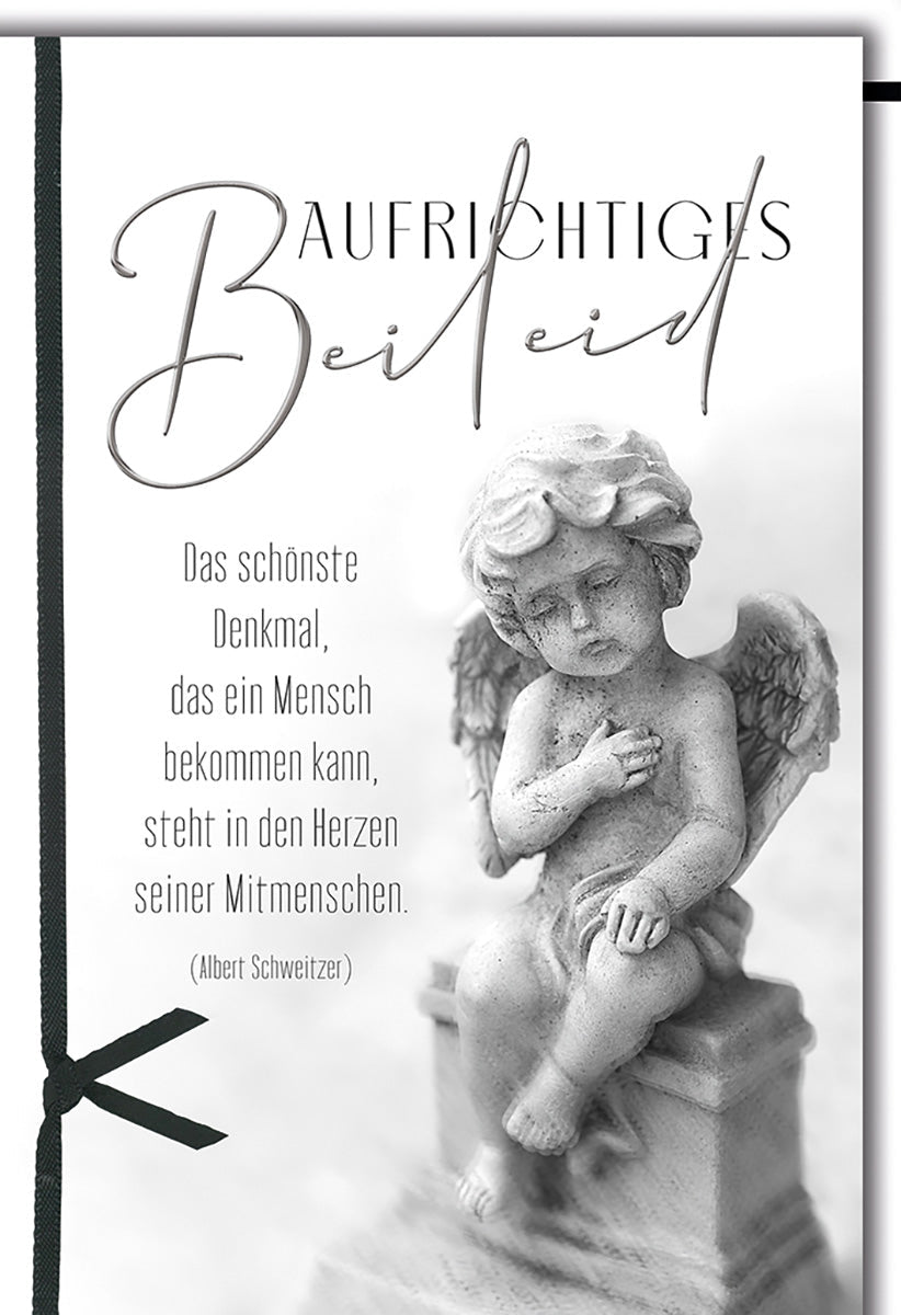 Trauerkarte Engel – Steinengel mit Albert Schweitzer Zitat in Schwarz - Weiß Design