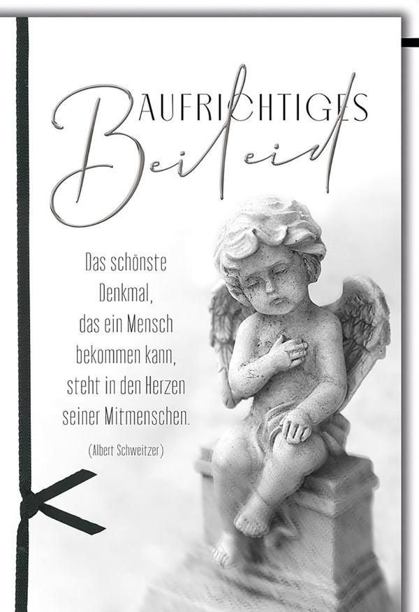 Trauerkarte Engel – Steinengel mit Albert Schweitzer Zitat in Schwarz-Weiß Design