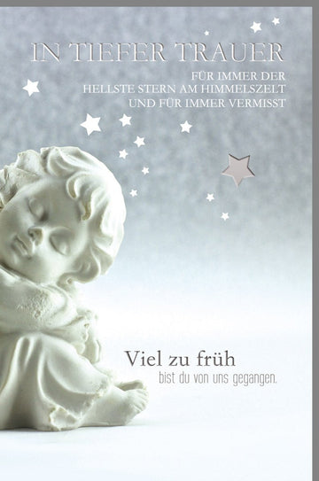 Trauerkarte Engel & Sterne - Edle Naturkarton - Karte mit Silberfolie, Himmelsszene für stille Anteilnahme und Trost