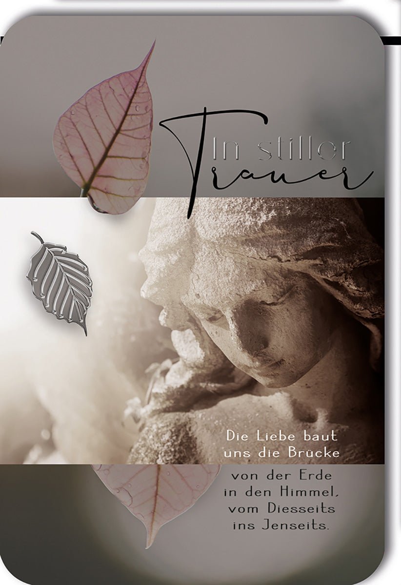 Trauerkarte Engelmotiv – Sanfte Engelsstatue mit zarten Blättern und Trost - Spruch