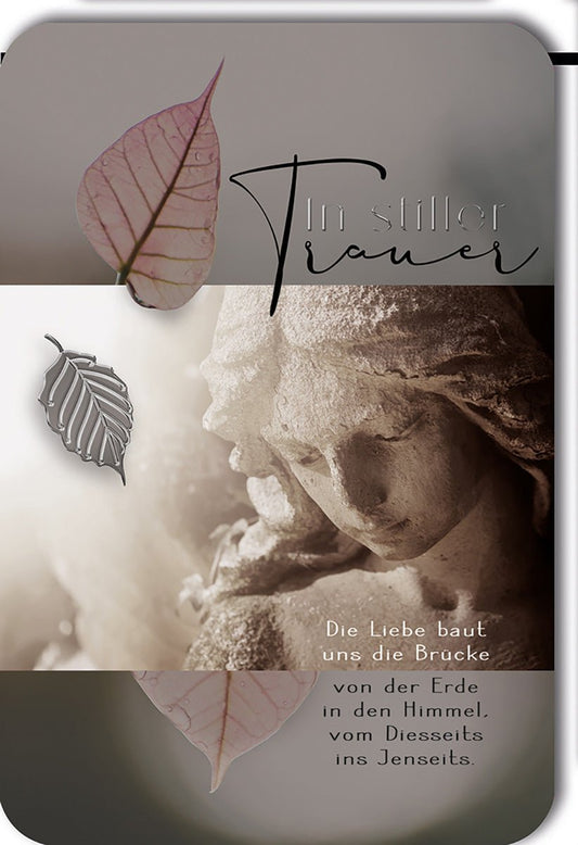 Trauerkarte Engelmotiv – Sanfte Engelsstatue mit zarten Blättern und Trost - Spruch