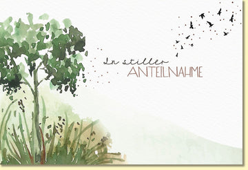 Trauerkarte In stiller Anteilnahme mit Baum und Vögeln stilvolles Aquarell Motiv hochwertige Doppelkarte für Beileidsbekundungen