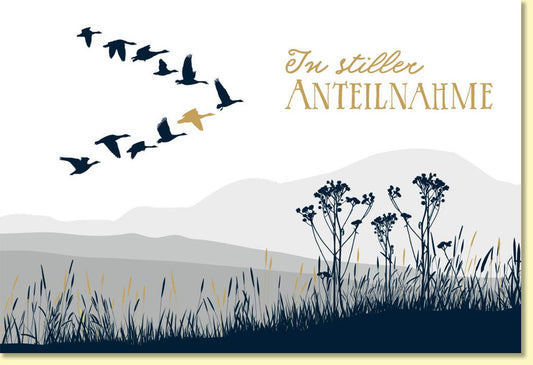 Trauerkarte In stiller Anteilnahme mit stilvollem Naturmotiv fliegende Vögel und Gräser hochwertige Doppelkarte für Beileidsbekundungen