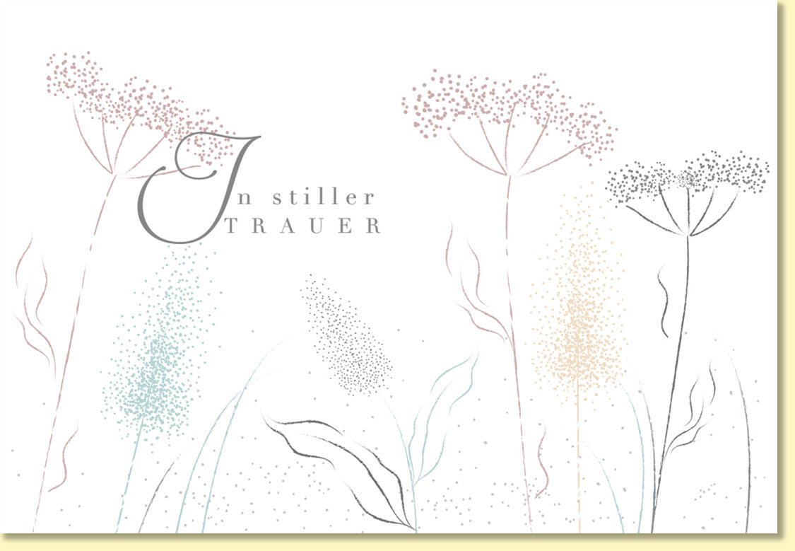 Trauerkarte In stiller Trauer mit zarten Blumen Aquarell Design stilvolle Doppelkarte für Beileidsbekundungen und persönliche Abschiedsworte