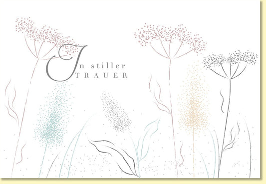 Trauerkarte In stiller Trauer mit zarten Blumen Aquarell Design stilvolle Doppelkarte für Beileidsbekundungen und persönliche Abschiedsworte