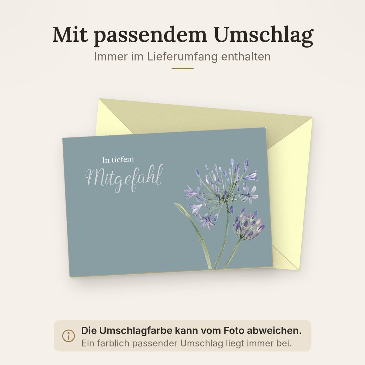Trauerkarte In tiefem Mitgefühl mit zarten Blumen Aquarell Design stilvolle Beileidskarte für persönliche Abschiedsworte