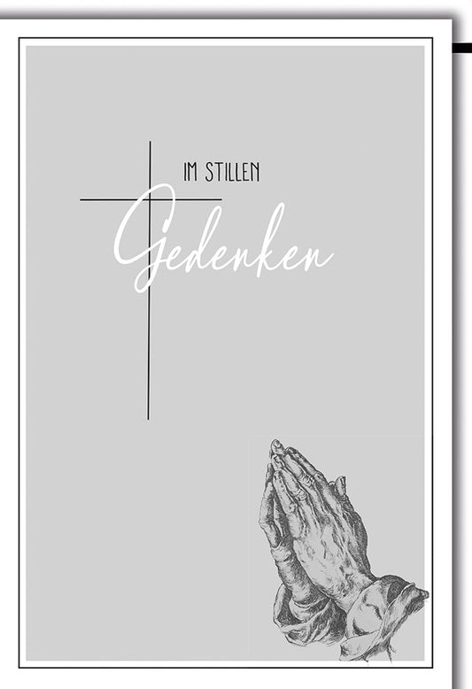 Trauerkarte Klassisch – Betende Hände mit Kreuz und stilvollem Grauton - Hintergrund
