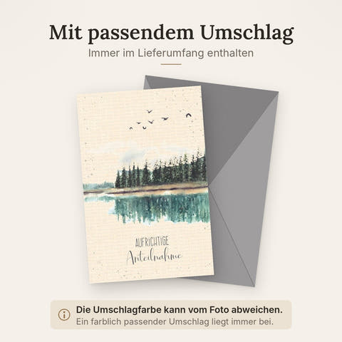 Trauerkarte - Kondolenzkarte mit Wald- und Seemotiv aus Zuckerrohrpapier, Green Line, Natur & Skorpion Design, Aufrichtige Anteilnahme