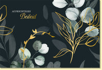 Trauerkarte mit Aufrichtiges Beileid Schriftzug edles Eukalyptus Design goldene Akzente stilvolle Doppelkarte für Beileidsbekundungen