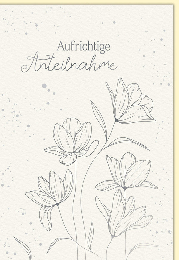 Trauerkarte mit Blumenmotiv und Aufschrift 