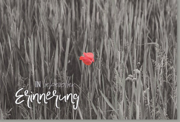 Trauerkarte mit Mohnblume – Elegante Kondolenzkarte für Abschied, Schwarzweiß mit roter Blüte