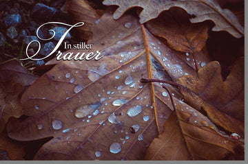 Trauerkarte mit Naturmotiv: Herbstblätter und Wassertropfen für einfühlsame Anteilnahme im Trauerfall