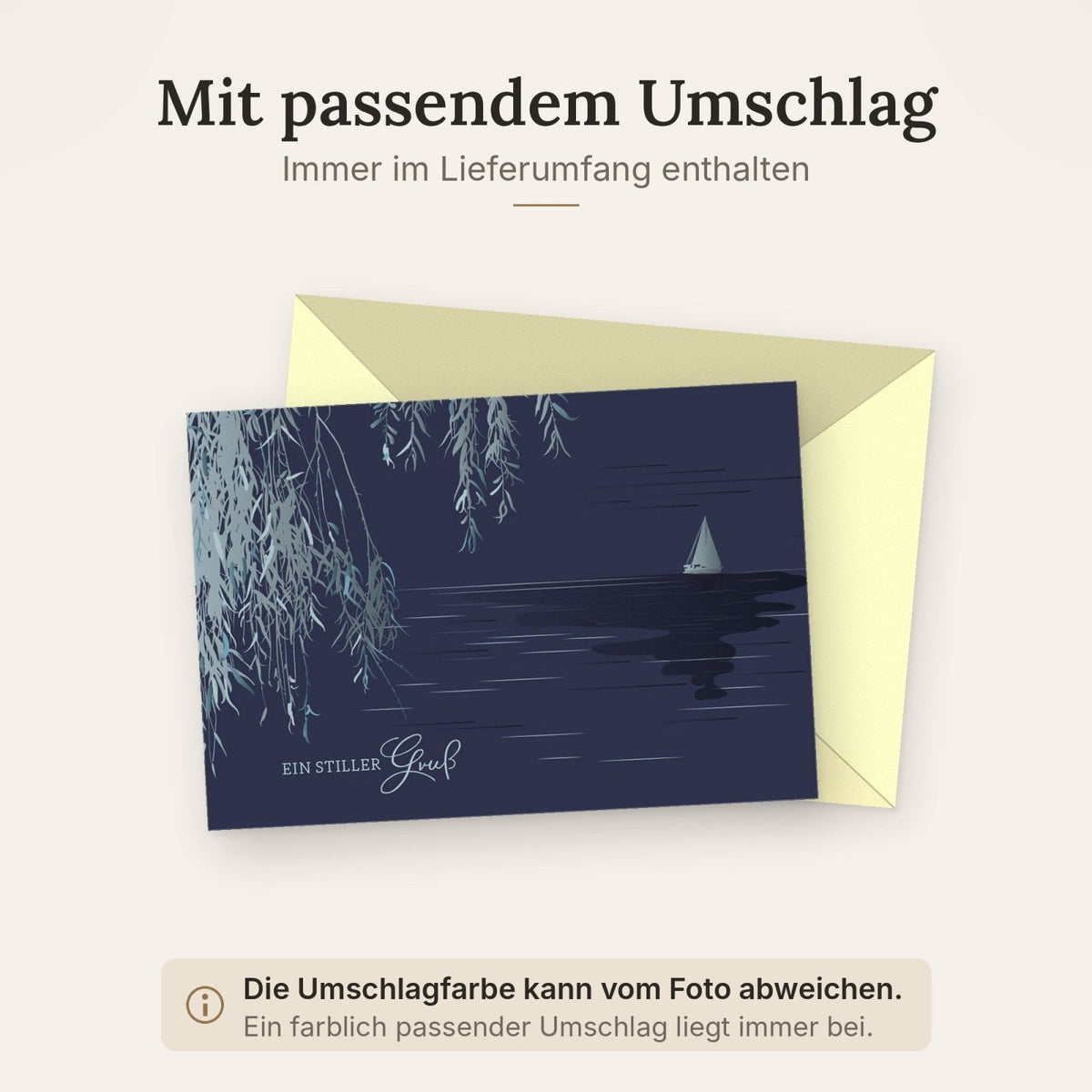 Trauerkarte mit Segelboot und Weidenzweigen auf dunklem Hintergrund stilvoller stiller Gruß hochwertige Doppelkarte für Beileidsbekundungen