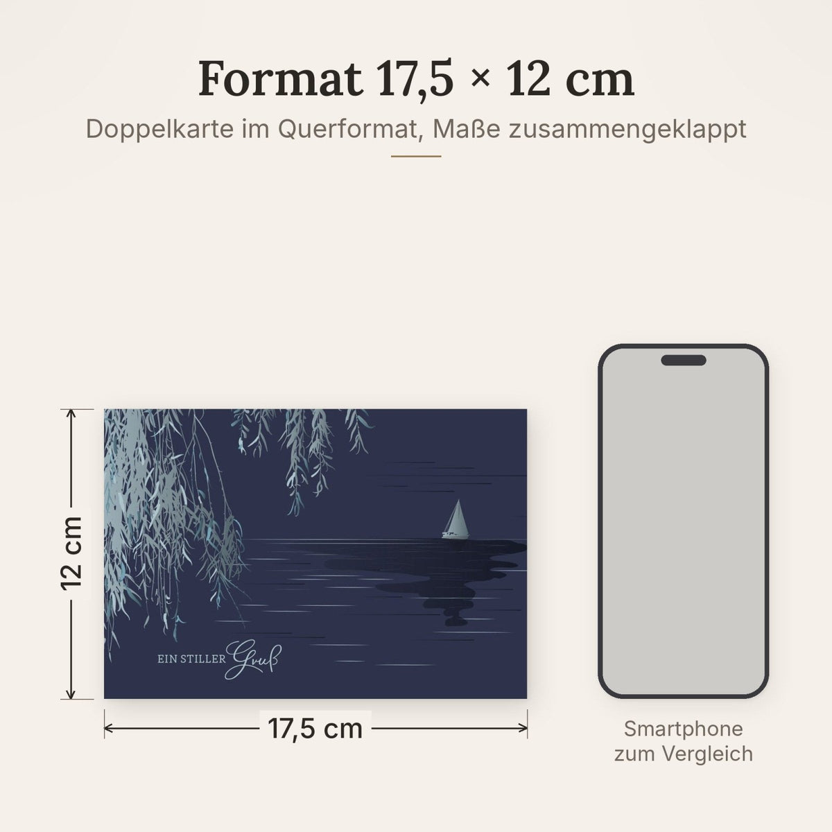 Trauerkarte mit Segelboot und Weidenzweigen auf dunklem Hintergrund stilvoller stiller Gruß hochwertige Doppelkarte für Beileidsbekundungen