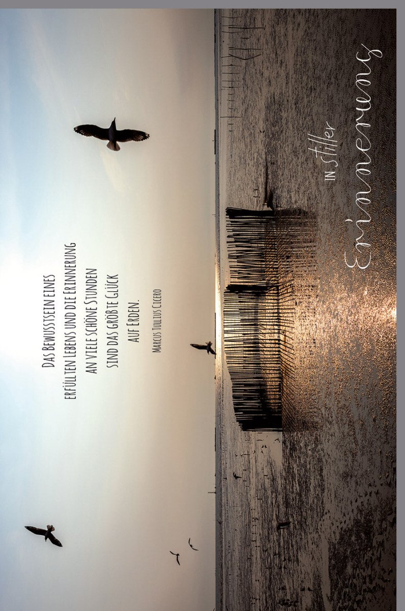 Trauerkarte mit Sonnenuntergang am Meer und fliegenden Möwen stilvolle Doppelkarte für persönliche Beileidsbekundungen Erinnerung