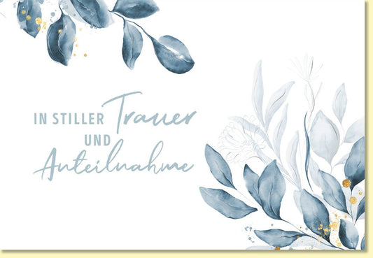 Trauerkarte mit stilvollen Blumen Aquarell Motiv in Blau und Gold In stiller Trauer und Anteilnahme hochwertige Doppelkarte