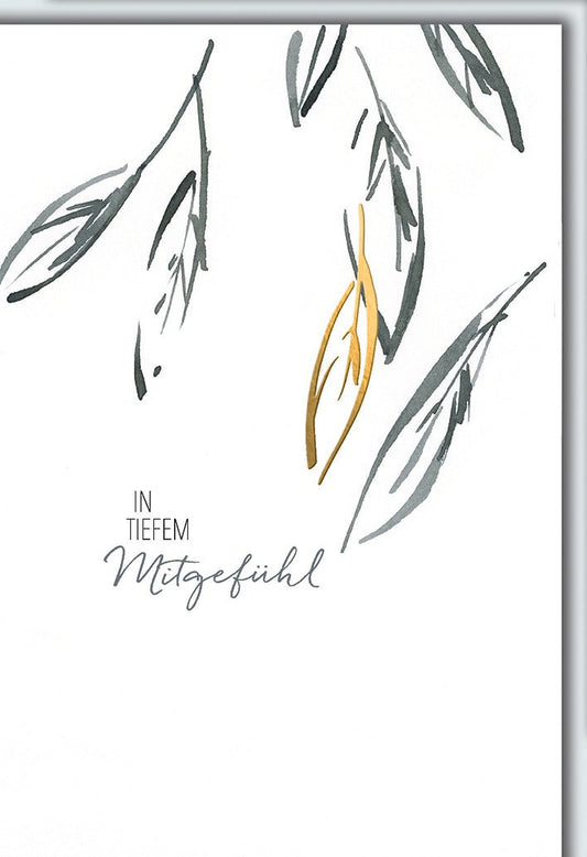 Trauerkarte Mitgefühl – Goldenes Blatt mit grauen Zweigen in minimalistischer Aquarellkunst