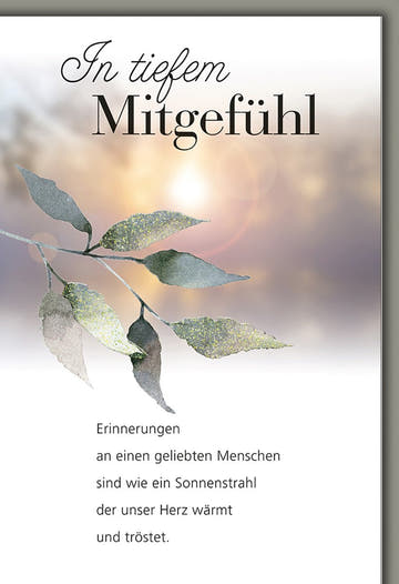 Trauerkarte Mitgefühl – Zarte Blätter mit Sonnenstrahl und Trostgedicht in sanften Tönen