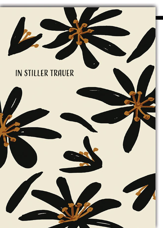 Trauerkarte Modern – Schwarze Blumen mit goldenen Akzenten auf cremefarbenem Hintergrund