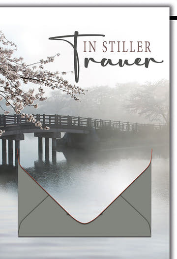 Trauerkarte Natur – Brücke im Nebel mit Kirschblüten und stilvollem Design