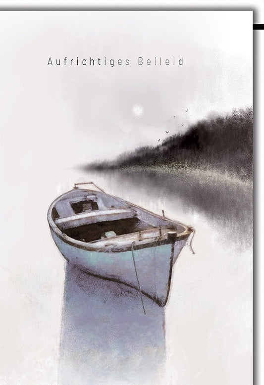 Trauerkarte Natur – Einsames Boot auf nebligem See mit sanften Pastelltönen