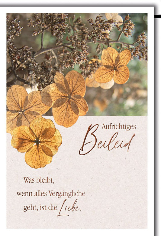 Trauerkarte Natur – Herbstliche Hortensien mit Zitat in warmen Erdtönen