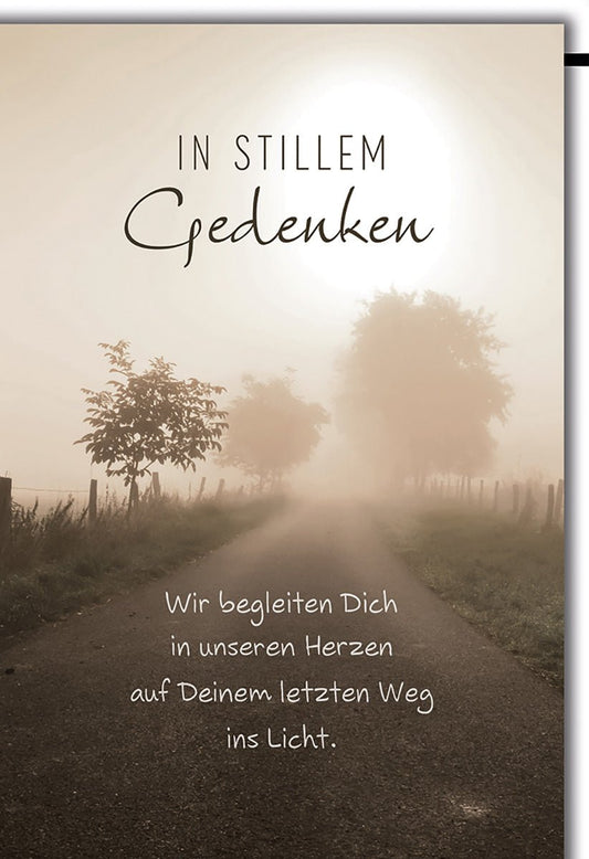 Trauerkarte Natur – Nebeliger Weg mit Bäumen und einfühlsamem Text in Sepia - Tönen