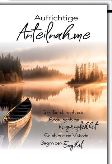 Trauerkarte Natur – Ruderboot auf nebligem See mit poetischem Zitat in Sepia - Tönen