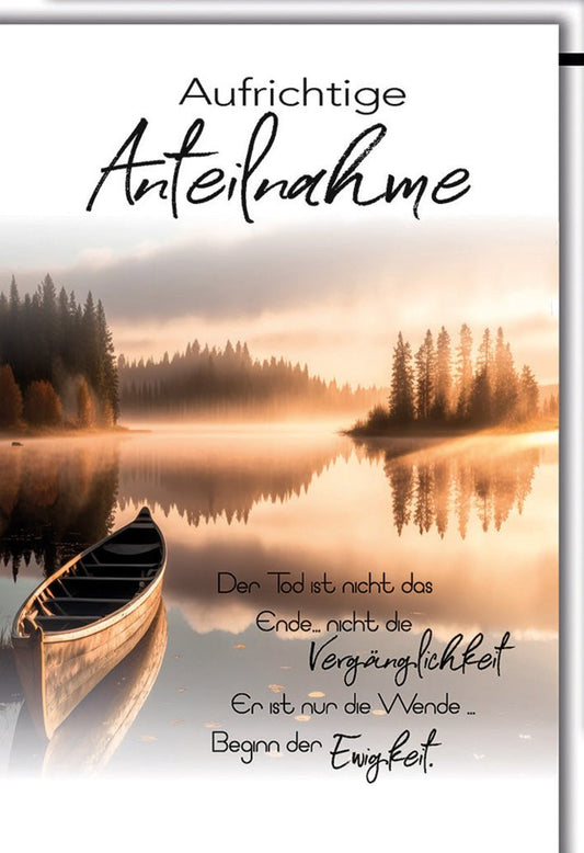 Trauerkarte Natur – Ruderboot auf nebligem See mit poetischem Zitat in Sepia - Tönen