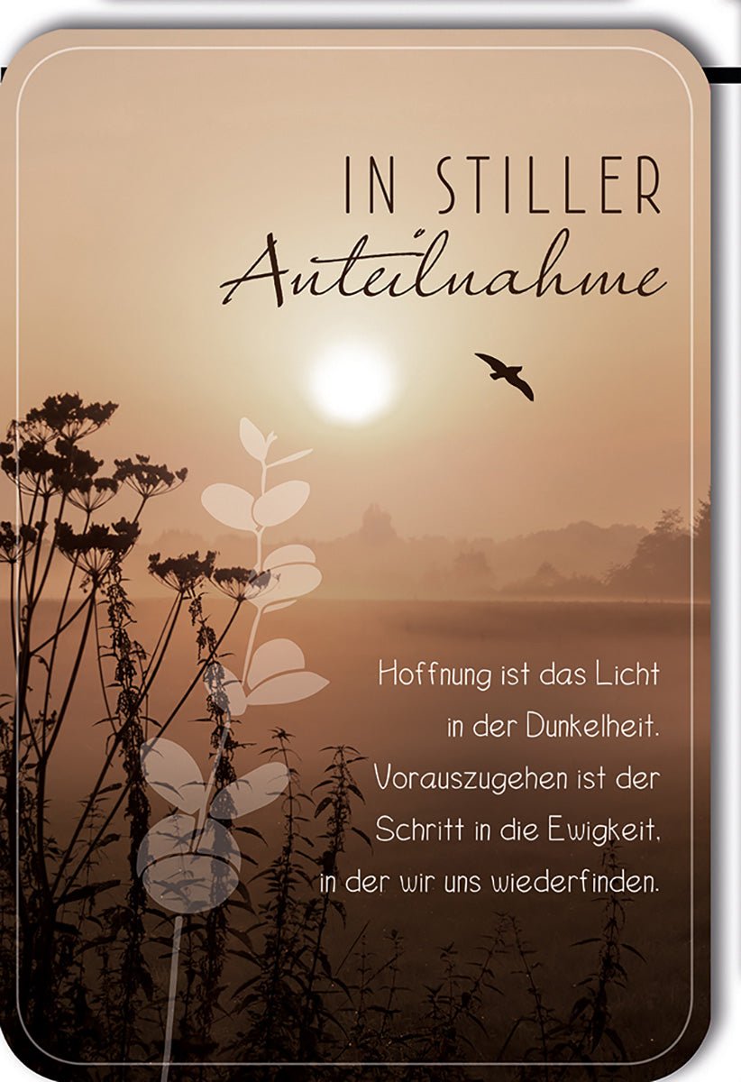 Trauerkarte Natur – Sonnenaufgang mit Vogel und poetischem Trosttext