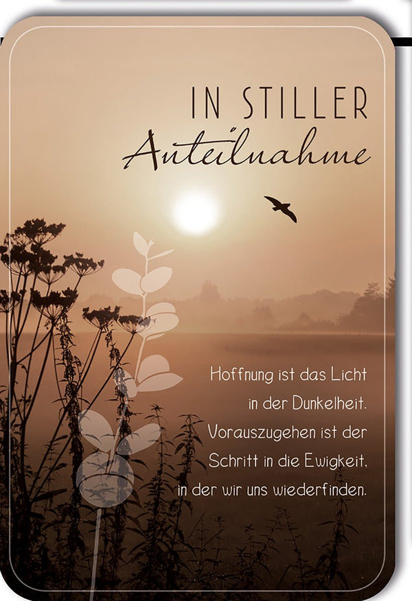 Trauerkarte Natur – Sonnenaufgang mit Vogel und poetischem Trosttext