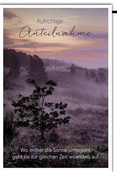 Trauerkarte Natur – Sonnenuntergang über nebliger Landschaft mit Trost-Spruch