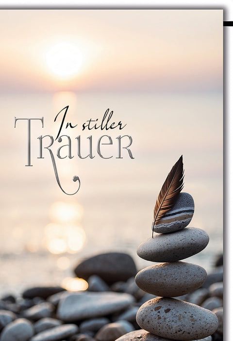 Trauerkarte Natur – Steinturm mit Feder und Sonnenuntergang am Meer