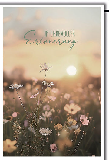 Trauerkarte Natur – Wildblumenfeld im Sonnenuntergang mit sanfter Farbpalette