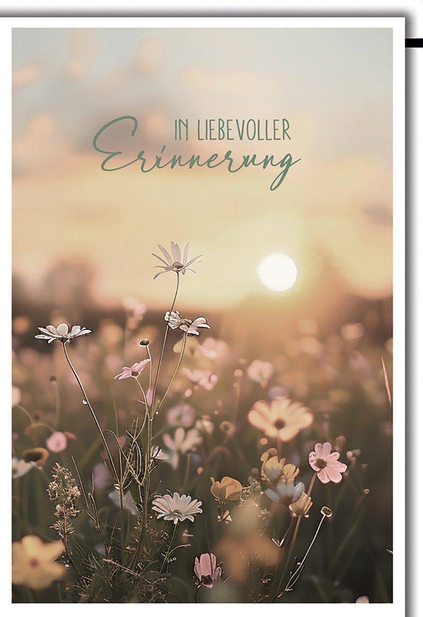 Trauerkarte Natur – Wildblumenfeld im Sonnenuntergang mit sanfter Farbpalette