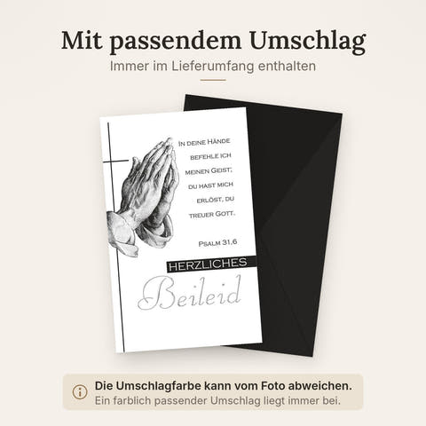 Trauerkarte Religiös – Betende Hände mit Psalm 31,6 in Schwarz-Weiß Design