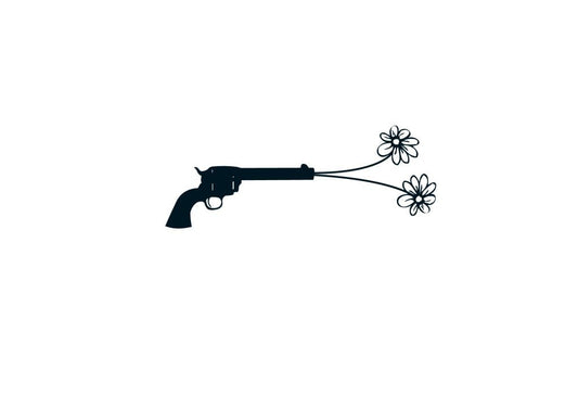 Trauerkarte - Schwarz - Weiß Kunst mit Pistole & Blume, Minimalistische Friedensbotschaft Illustration, Blankopostkarten