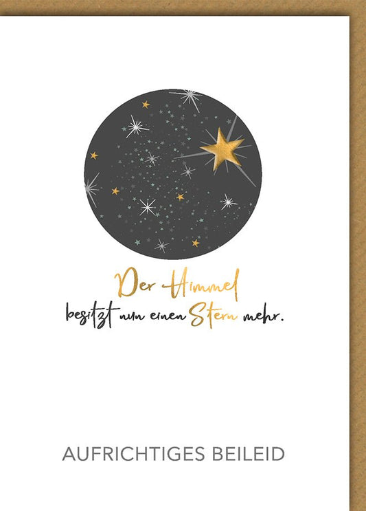 Trauerkarte Sternenhimmel – Goldener Stern mit handgeschriebenem Beileidstext