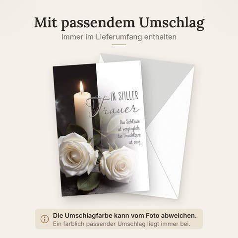 Trauerkarte Stiller Abschied: Weiße Rosen mit Kerze und bewegendem Spruch