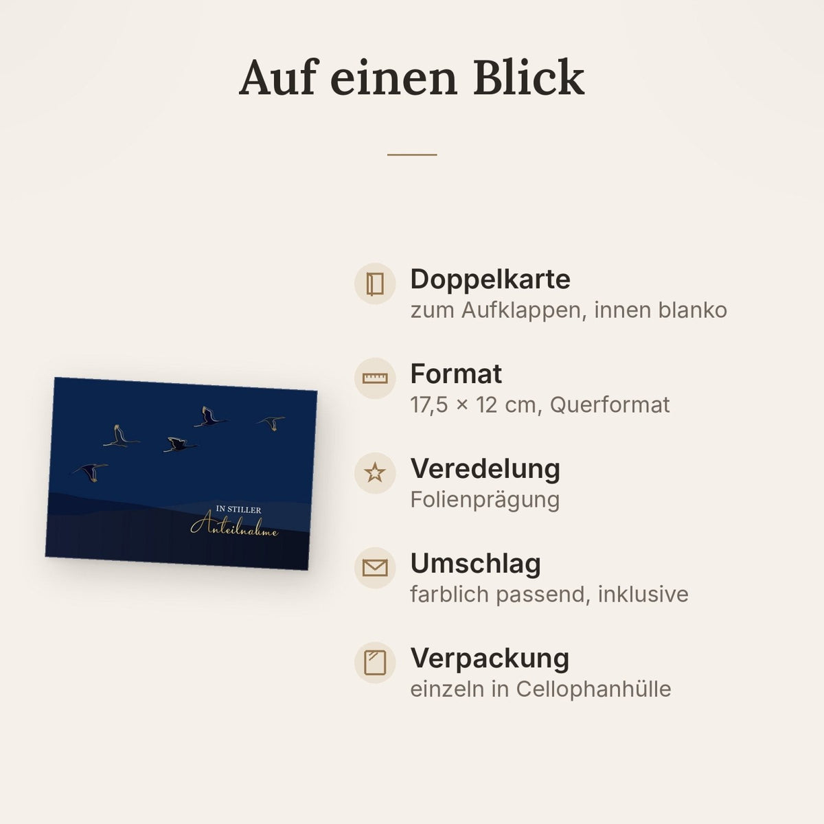 Trauerkarte stilvolle Doppelkarte mit Kranichen in Goldprägung und Schriftzug In stiller Anteilnahme edle Beileidskarte für persönliche Kondolenz