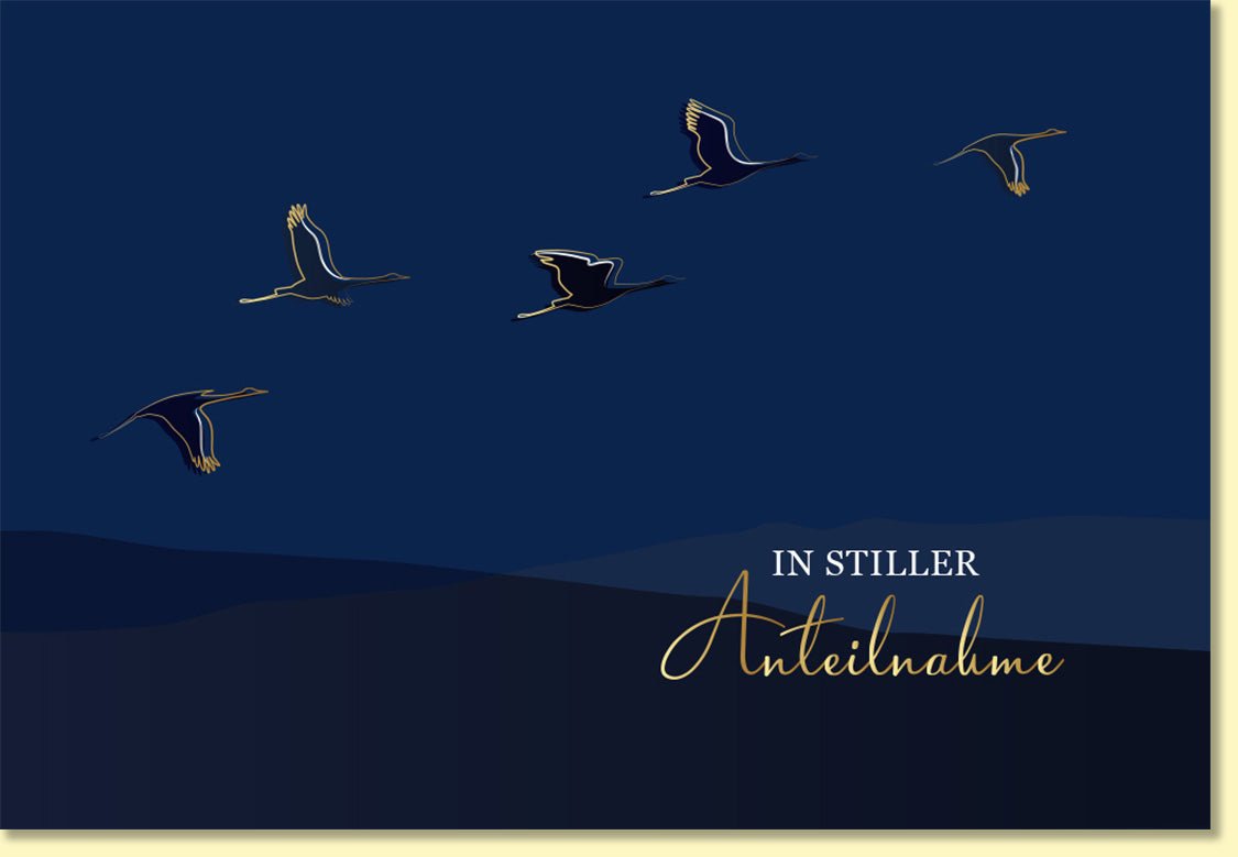 Trauerkarte stilvolle Doppelkarte mit Kranichen in Goldprägung und Schriftzug In stiller Anteilnahme edle Beileidskarte für persönliche Kondolenz