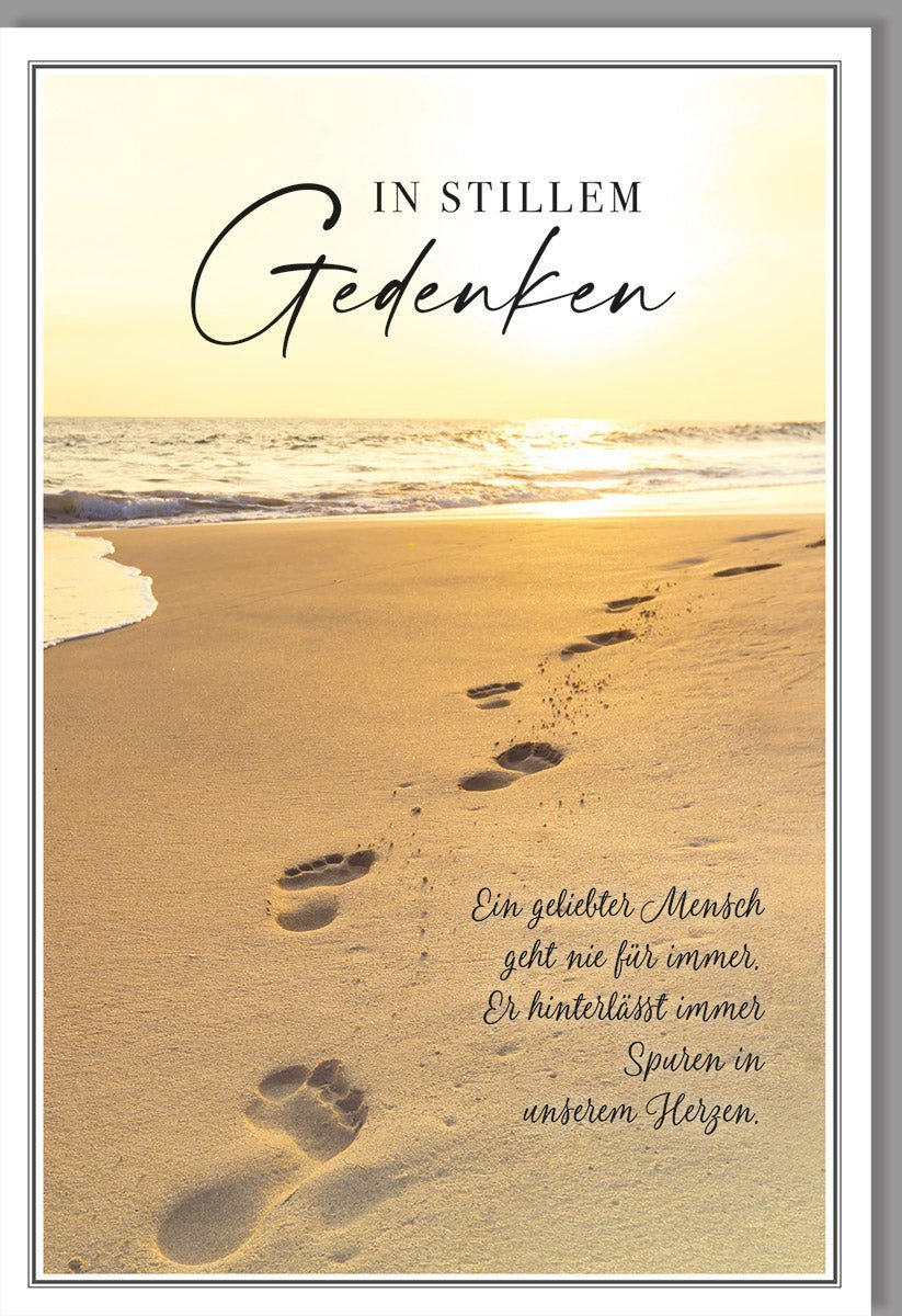 Trauerkarte - Stilvolle Kondolenz mit Fußspuren im Sand, Sonnenuntergang Motiv - Trost & Anteilnahme für Hinterbliebene