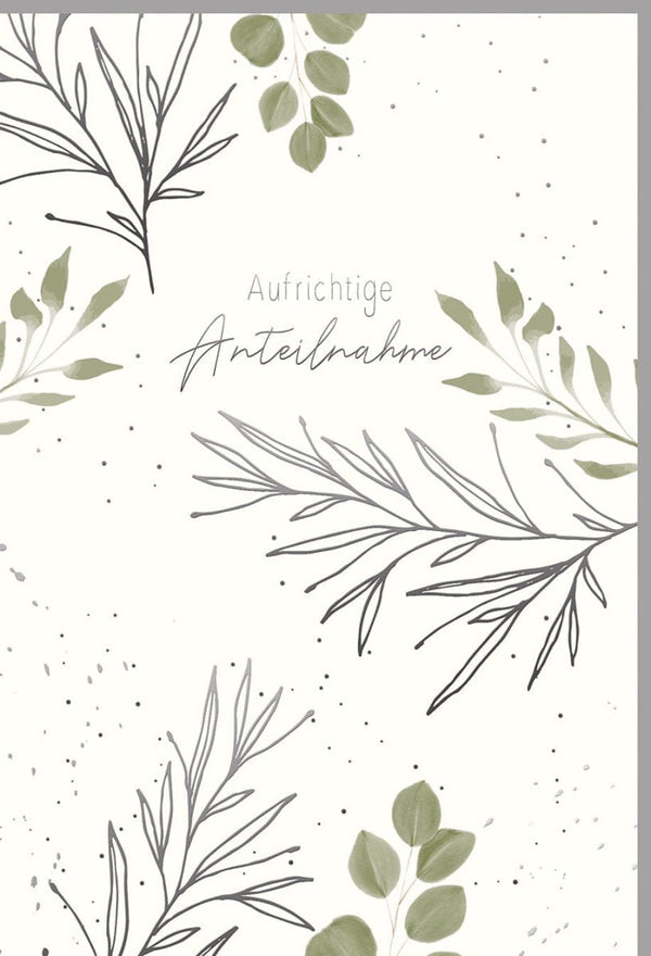 Trauerkarte - Stilvolle Naturkarton-Karte mit Silberfolie, Blindprägung und Blätterzweige-Design