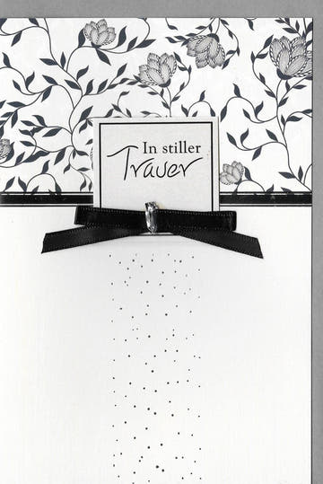 Trauerkarte - Stilvolles Blumenmuster mit Schleife und Kristall in Schwarz - Weiß
