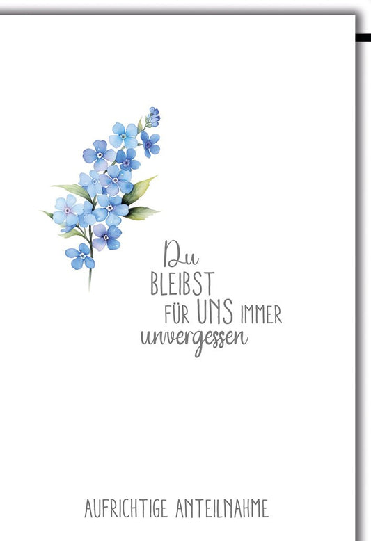 Trauerkarte Vergissmeinnicht – Aquarellblumen mit einfühlsamem Spruch in Blau