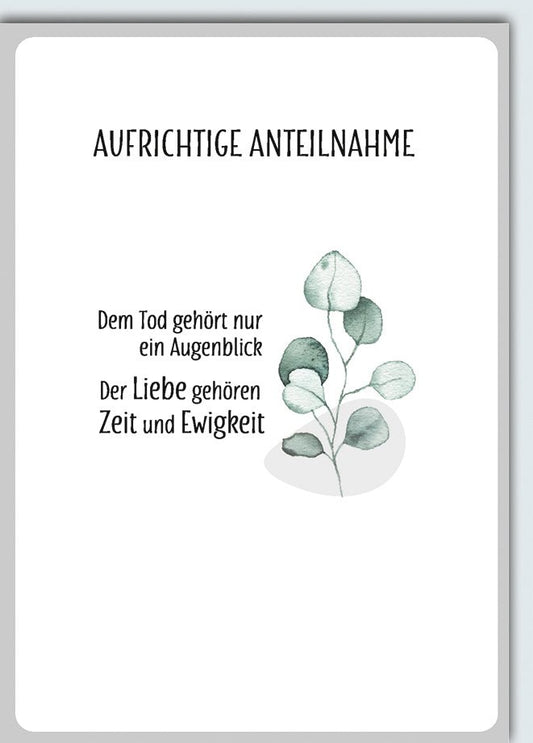 Trauerkarte Zeitlos – Eukalyptuszweig mit einfühlsamem Zitat in sanften Grüntönen