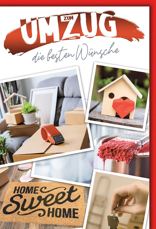 Umzugskarte – Haus mit Herz und Schlüssel auf Willkommensmatte in Rot - und Brauntönen