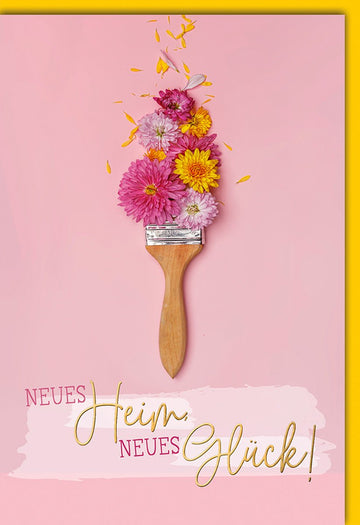 Umzugskarte Modern – Blumenpinsel mit bunten Blüten und gelbem Rand