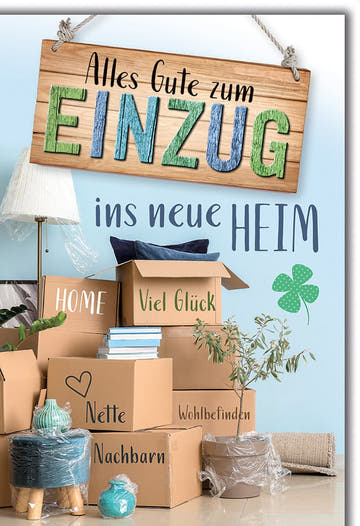 Umzugskarte Neues Heim – Bunte Holztafel mit Kartons und Kleeblatt für Glückwünsche